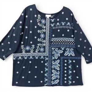 J. Jill Embroidered Paisley Tunic Top L Blue Boho Floral Cotton Tencel Blouse